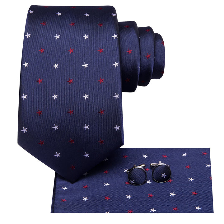 high quality silk navy blue white red star mens slim ties pocket square cufflinks set