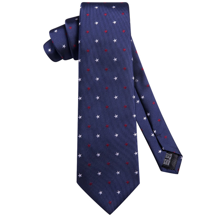 high quality silk navy blue white red star mens slim ties pocket square cufflinks set