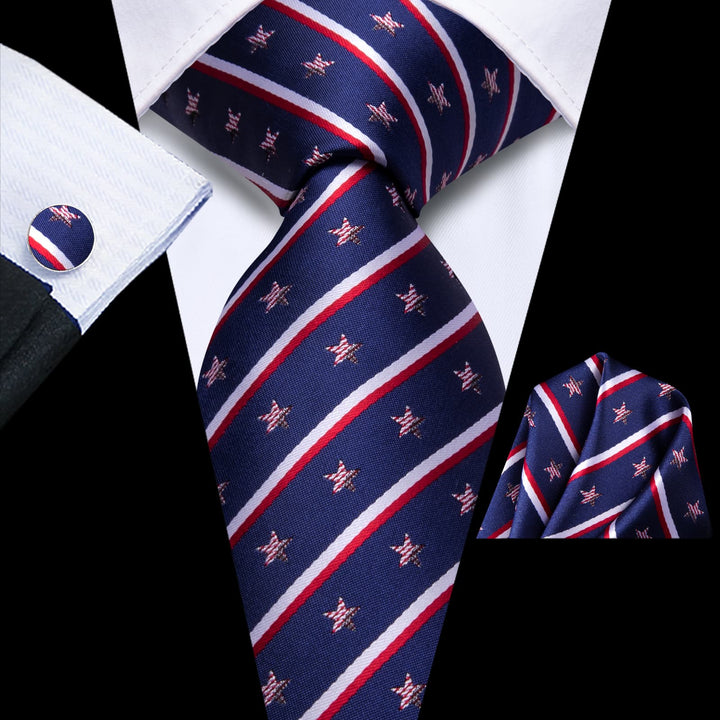 classic striped star novelty red white dusty blue tie handkerchief cufflinks set