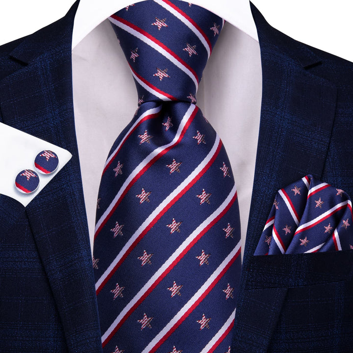 business red white striped star American flag navy blue tie handkerchief cufflinks set