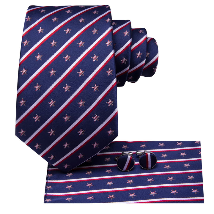 business red white striped star American flag navy blue tie handkerchief cufflinks set