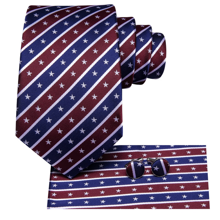 business silk mens navy blue deep red star striped ties pocket square cufflinks set for suit dress