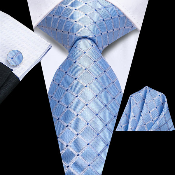 fashion business plaid silk mens light blue tie pocket square cufflinks set for suit dress