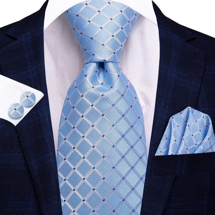 new arrival light blue plaid silk mens tie length 150cm*8cm necktie pocket square cufflinks set for suit top