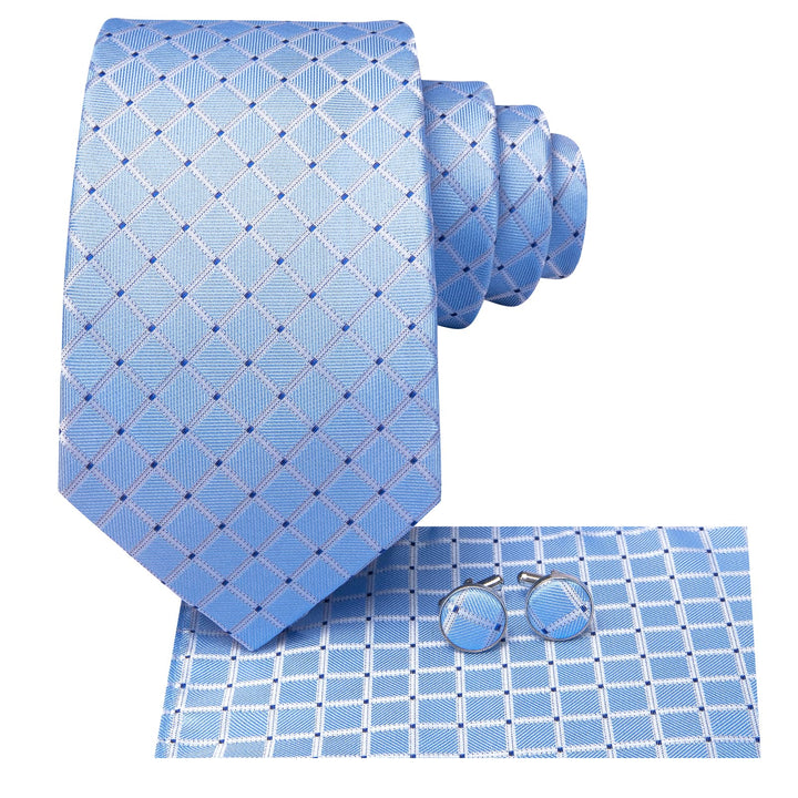 new arrival light blue plaid silk mens tie length 150cm*8cm necktie pocket square cufflinks set for suit top