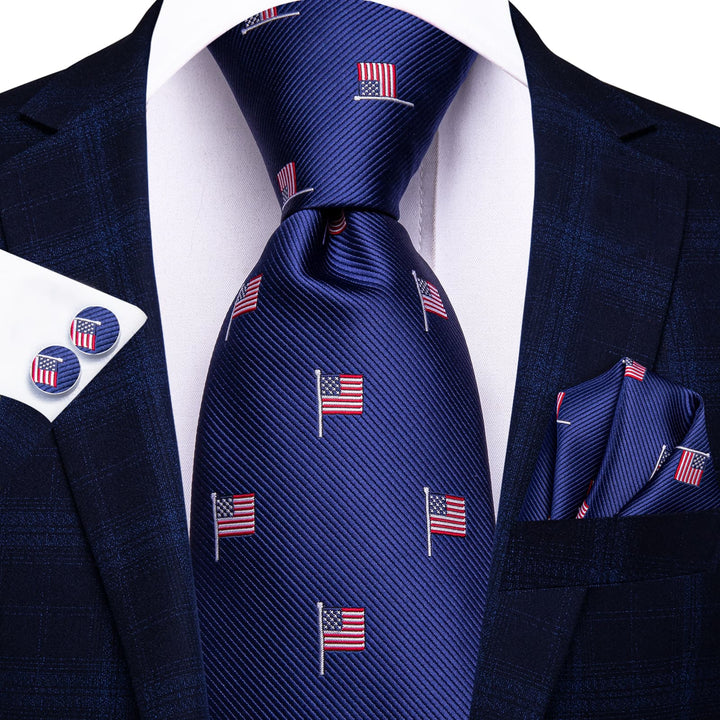 Classic American flag tie collection silk mens navy blue ties pocket square cufflinks set