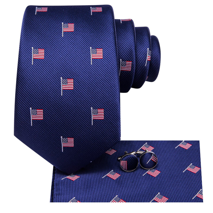 Classic American flag tie collection silk mens navy blue ties pocket square cufflinks set