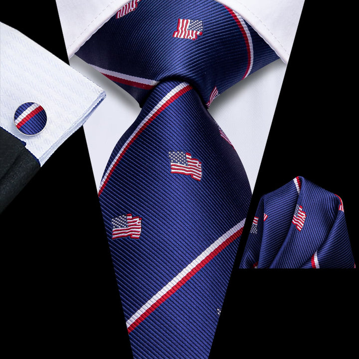 Classic American flag a must-have for patriots on Independence Day navy blue neck tie handkerchief cufflinks set