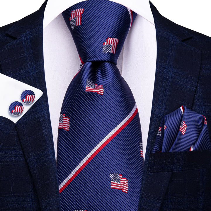 Classic American flag a must-have for patriots on Independence Day navy blue neck tie handkerchief cufflinks set