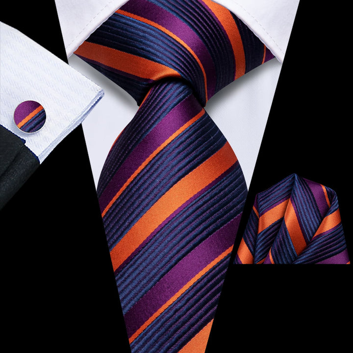 fashion business striped silk mens blue and orange tie handkerchief cufflinks set