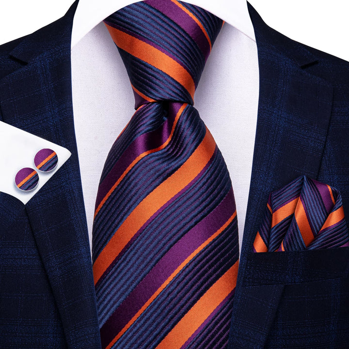 classic striped navy blue deep purple silk mens orange ties pocket square cufflinks set