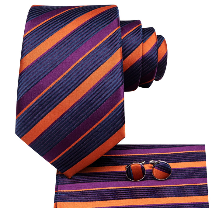 classic striped navy blue deep purple silk mens orange ties pocket square cufflinks set