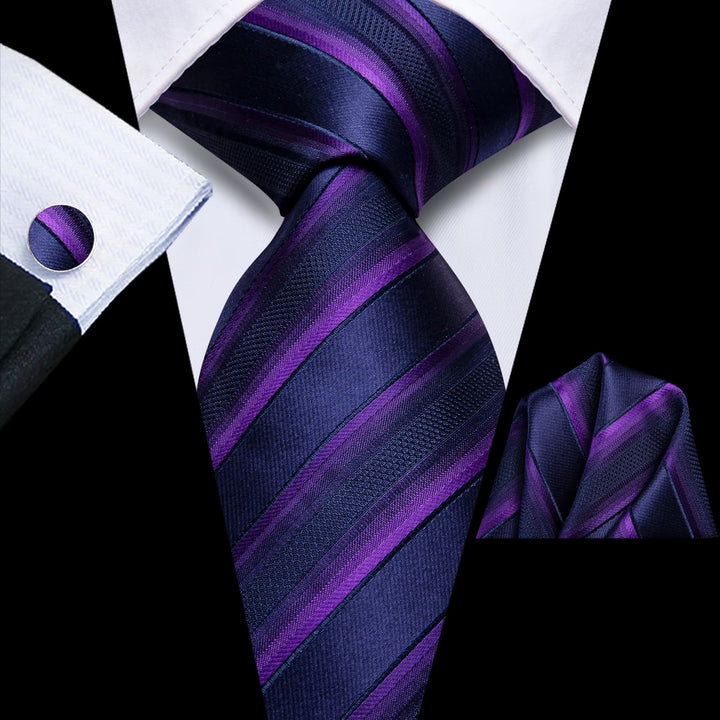 business striped silk mens purple tie handkerchief cufflinks set