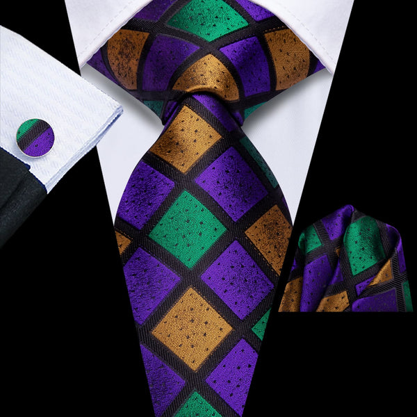 purple gold green plaid tie