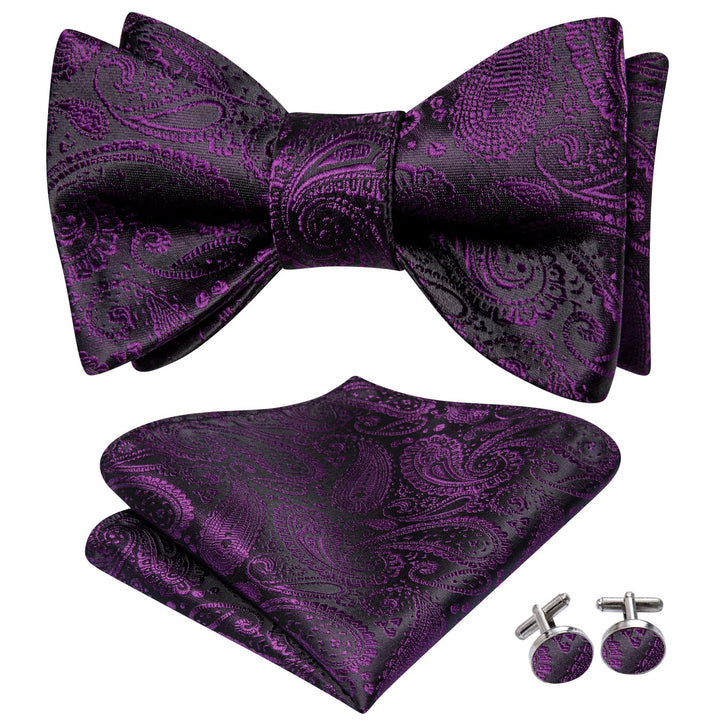 fashion designer bow tie of mens silk deep purple paisley self-bow tie pocket square cufflinks set