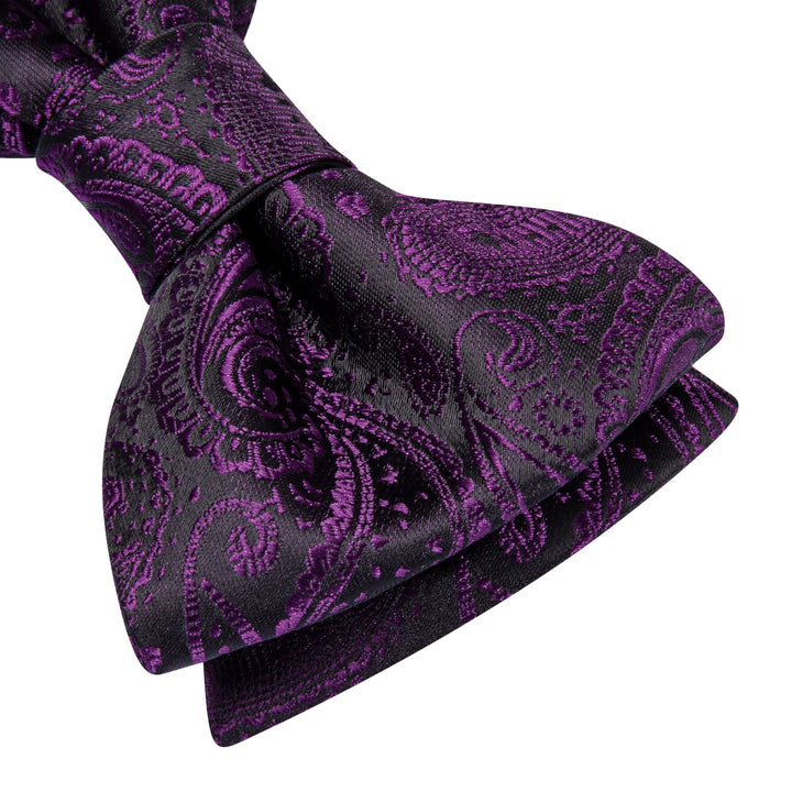 fashion designer bow tie of mens silk deep purple paisley self-bow tie pocket square cufflinks set