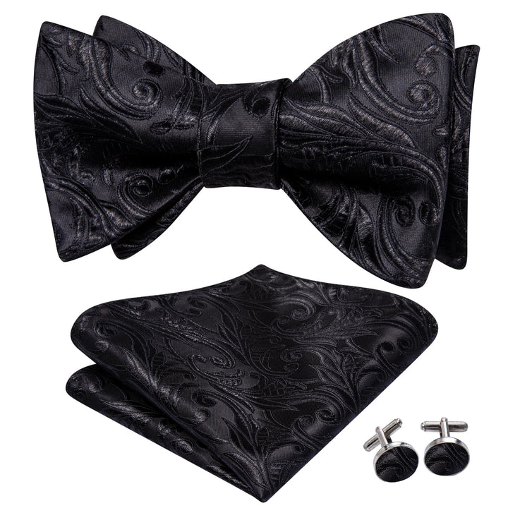 mens silk floral black bow tie pocket square cufflinks set for suit top