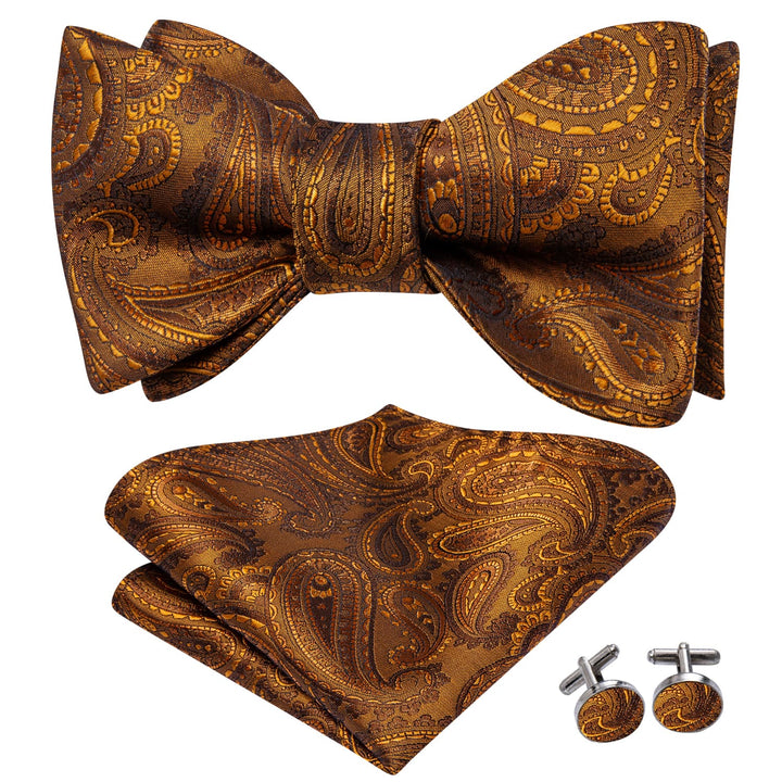 silk mens Dijon Yellow paisley fun bow ties pocket square cufflinks set for business meeting