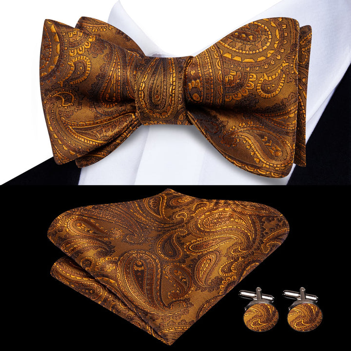 silk mens paisley brown yellow bowtie handkerchief cufflinks set for office men