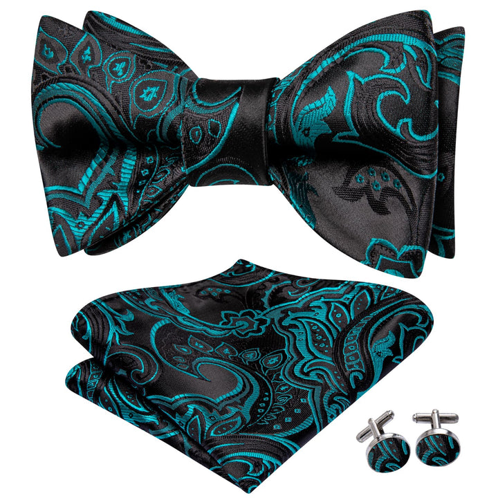 silk mens teal blue floral bow ties handkerchief cufflinks set for business