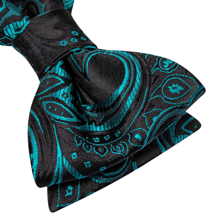 silk mens teal blue floral bow ties handkerchief cufflinks set for business