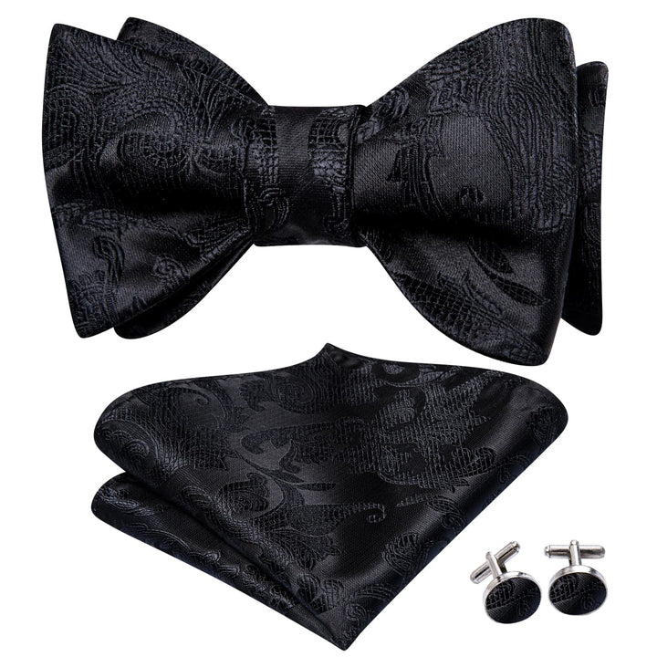 black floral silk men's bowtie pocket square cufflinks set for business outfit