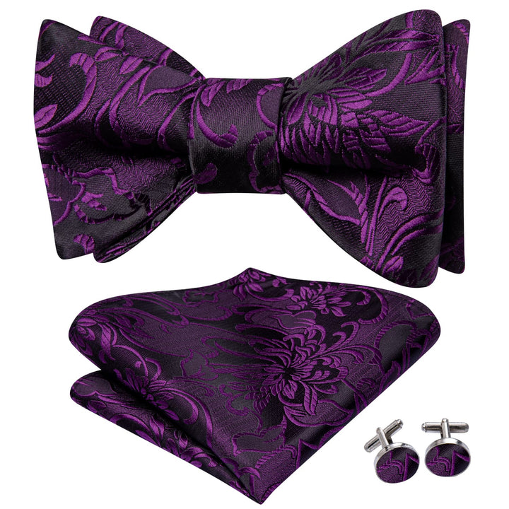 deep purple floral mens silk business formal bow ties pocket square cufflinks set