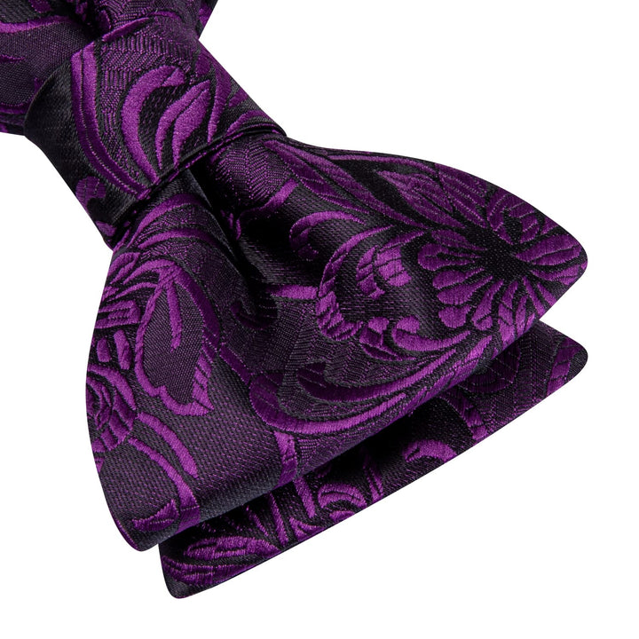 deep purple floral mens silk business formal bow ties pocket square cufflinks set