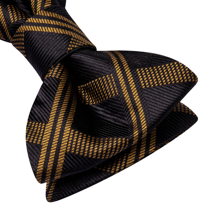 silk mens plaid black brown bow tie pocket square cufflinks set for business suit