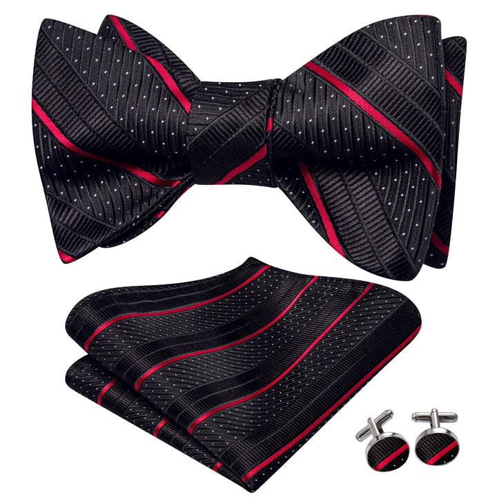 fashion business self-bow tie set red striped mens black bow tie pocket square cufflinks set