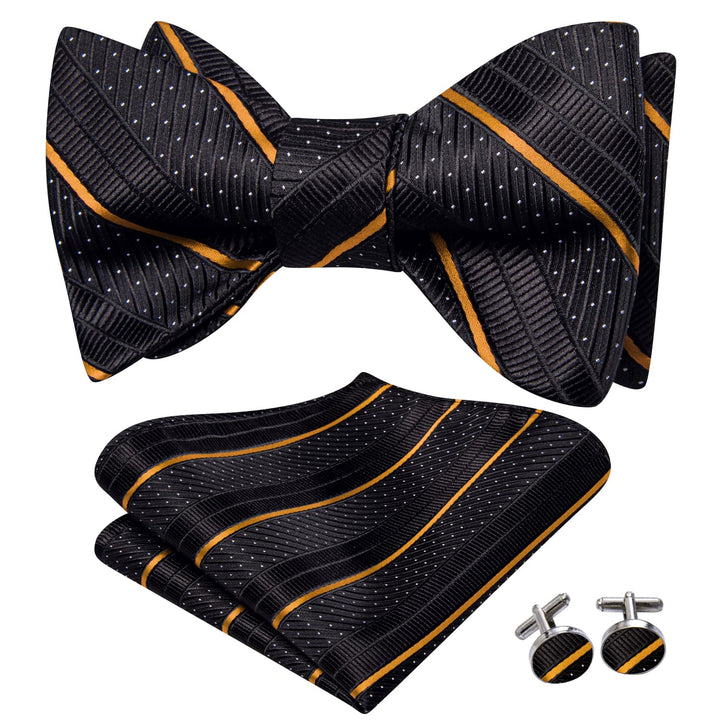 gold striped black bow ties handkerchief cufflinks set for business