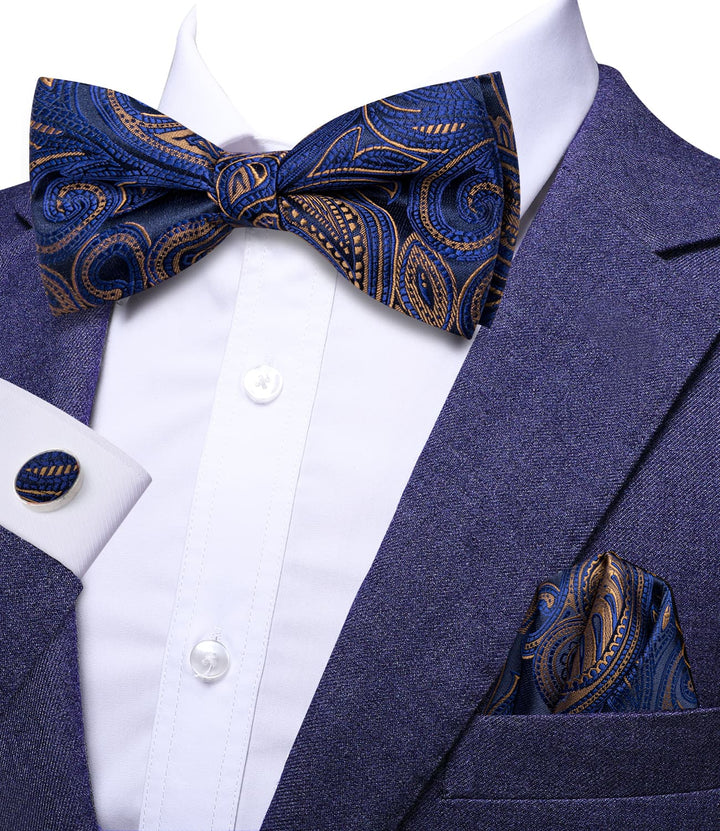 brown and blue bow tie