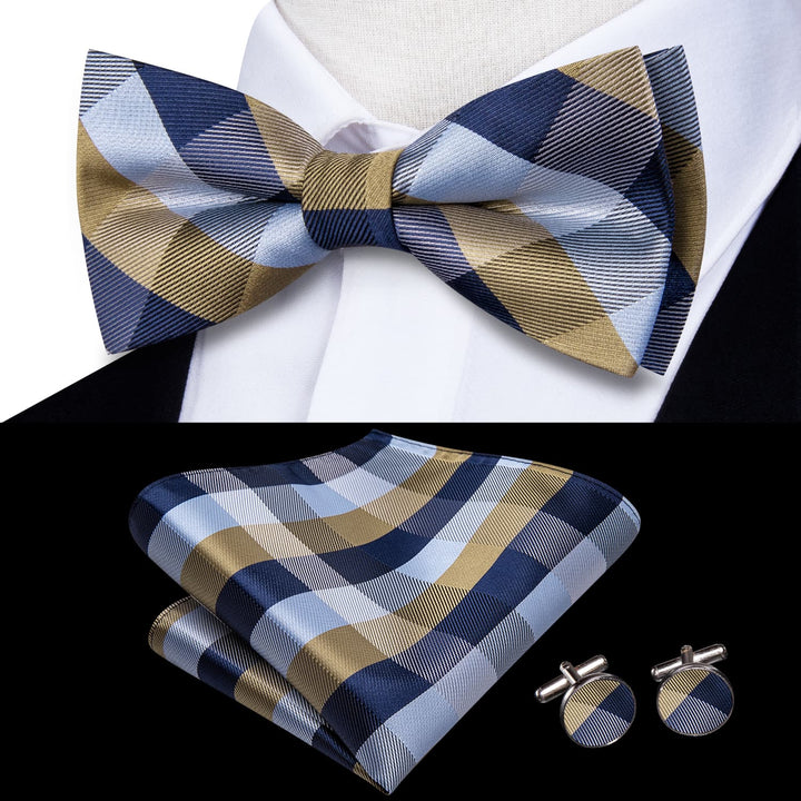 blue and brown bow tie