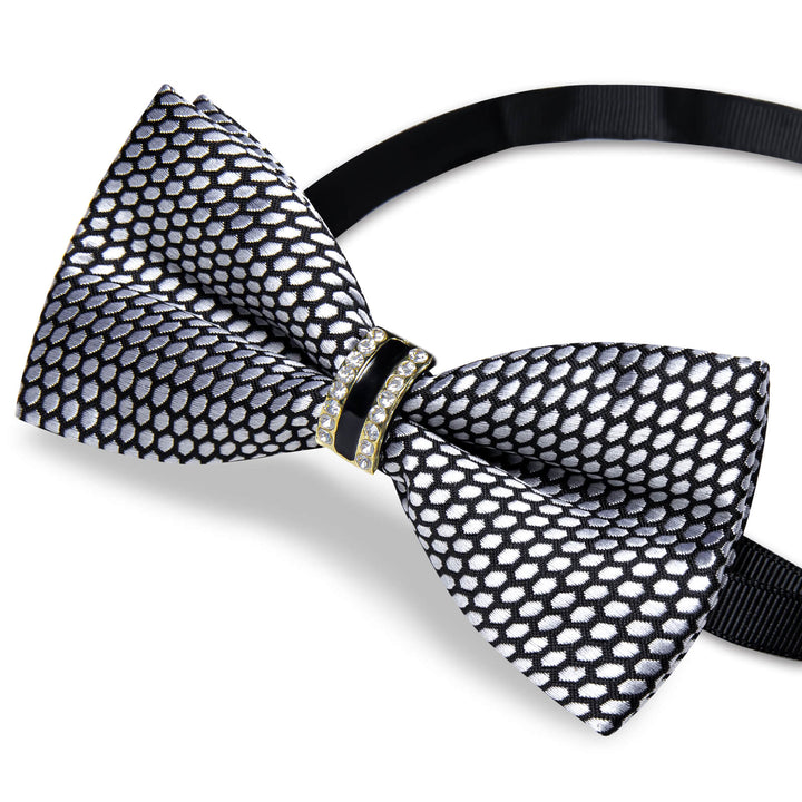 Black Bow Tie Grey Geometry Men's Silk Pre-Bow Tie Set