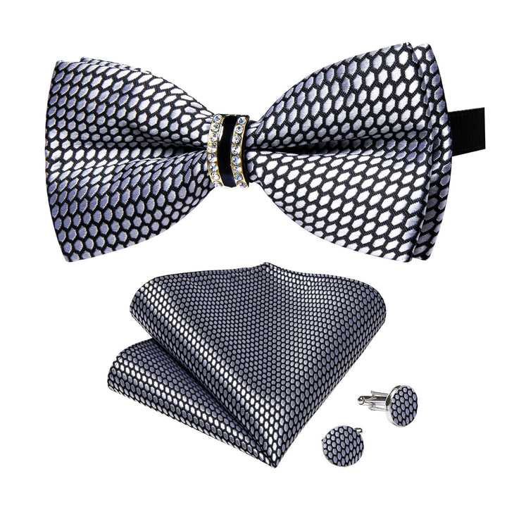 Black Bow Tie Grey Geometry Men's Silk Pre-Bow Tie Set