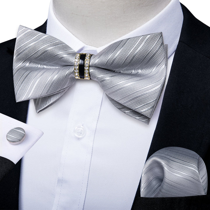 dark grey striped mens bowtie handkerchief cufflinks set