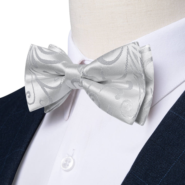  Silver Grey Floral Silk Pre-Bow Tie Set