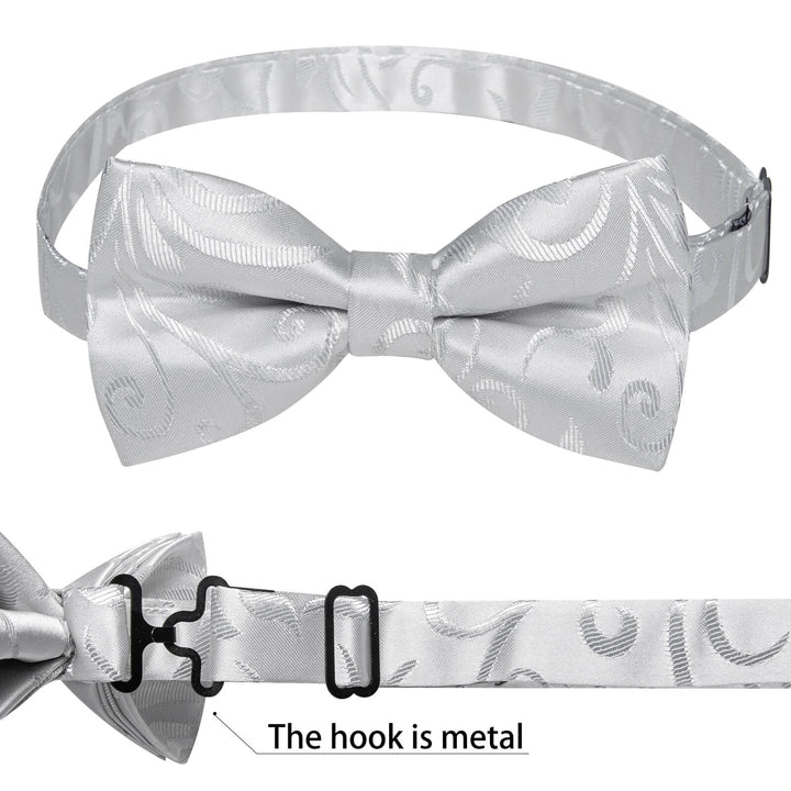  Silver Grey Floral Silk Pre-Bow Tie Set