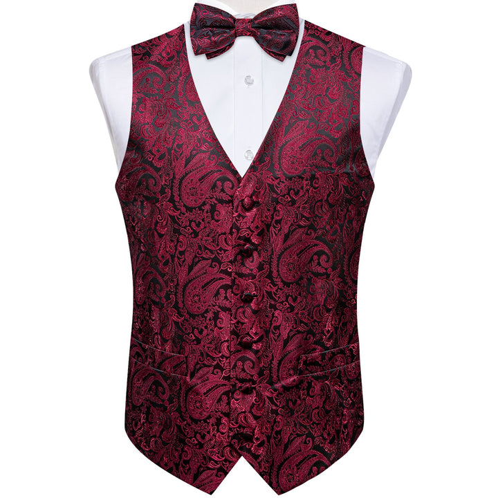 Suit Vest Black Burgundy Paisley Silk Men's Vest Hanky Cufflinks Bow Tie Set