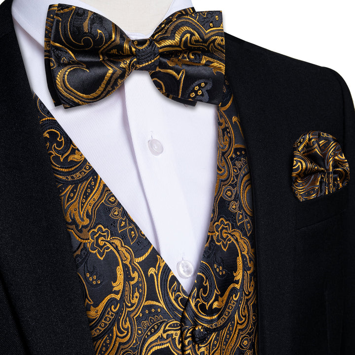  Black Gold Woven Floral Silk Suit Vest Bow Tie Set