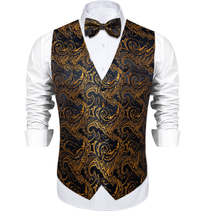  Black Gold Woven Floral Silk Suit Vest Bow Tie Set