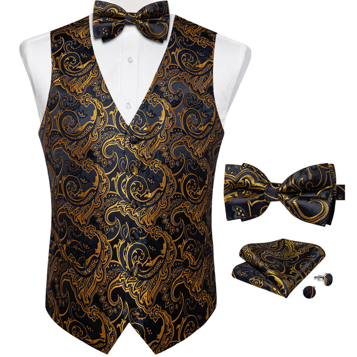  Black Gold Woven Floral Silk Suit Vest Bow Tie Set