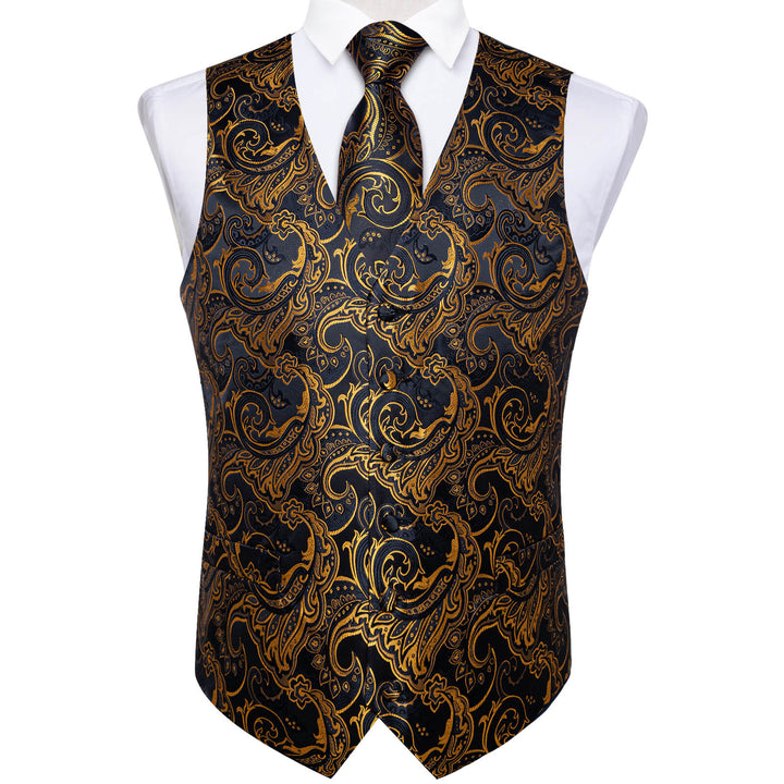 Black Gold Floral Silk Waistcoat Suit Vest Tie Set