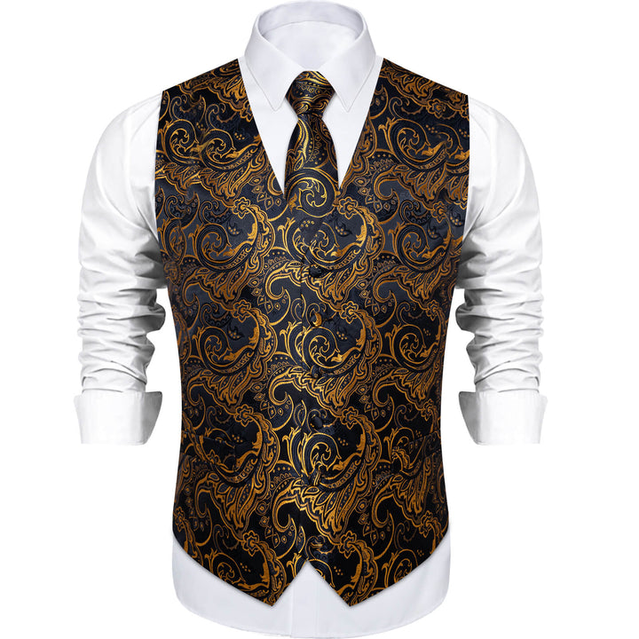 Black Gold Floral Silk Waistcoat Suit Vest Tie Set