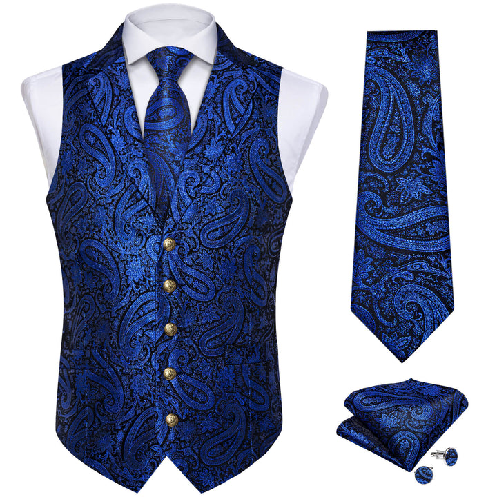 Navy Blue Jacquard Paisley Silk Suit Vest Tie Set