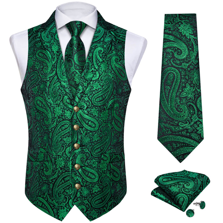 Deep Green Jacquard Paisley Silk Suit Vest Tie Set