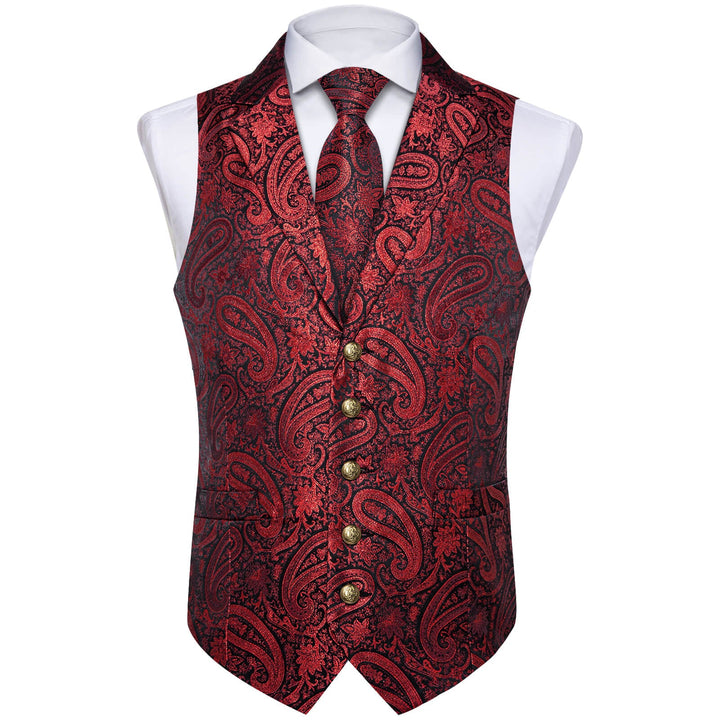  Deep Red Jacquard Paisley Silk Suit Vest Tie Set