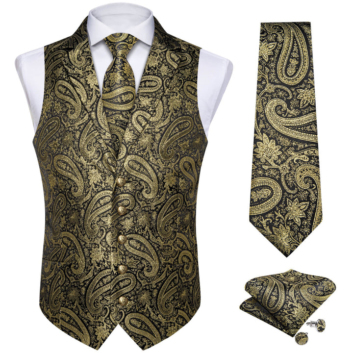 Gold Jacquard Paisley Silk Suit Vest Tie Set