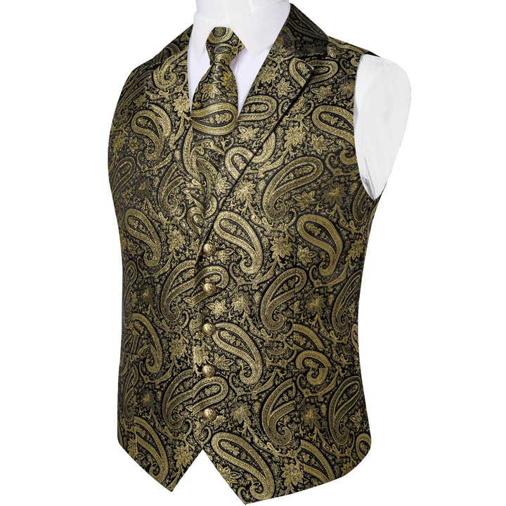 Gold Jacquard Paisley Silk Suit Vest Tie Set