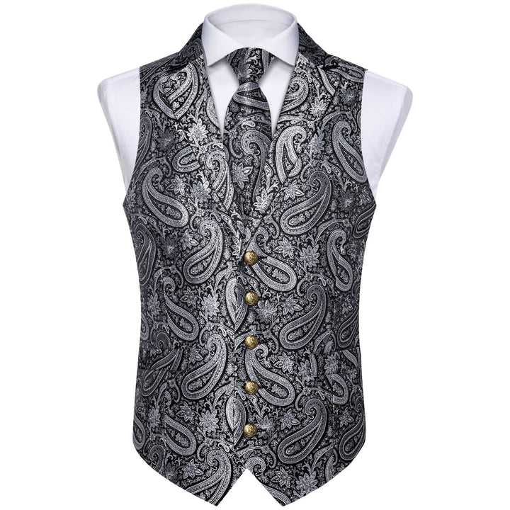 Silver Grey Woven Paisley Silk Suit Vest Tie Set